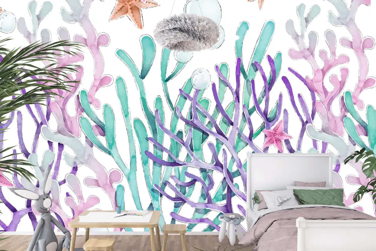 Suluboya Renkli Mercan Arka Plan Çocuk Odası Duvar Kağıdı 