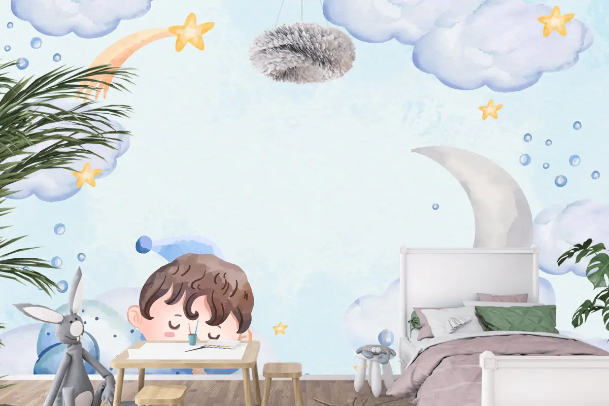 Suluboya Erkek Bebek Arka Plan Çocuk Odası Duvar Kağıdı 