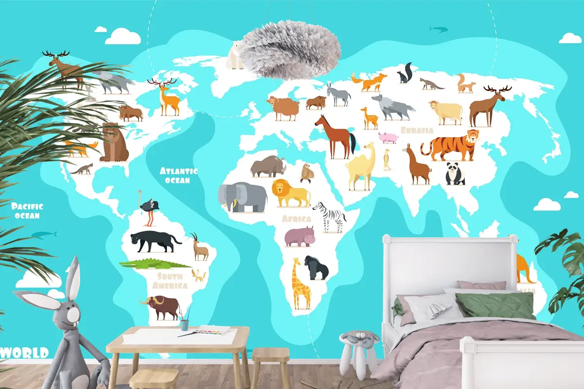 Hayvanlarla Dünya Haritası Dünya Keşfi Komik Çocuklar Coğrafya Çocuk Odası Duvar Kağıdı