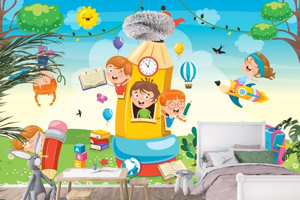 Kalem Evinde Oynayan Sevimli Çocuklar Çocuk Odası Duvar Kağıdı