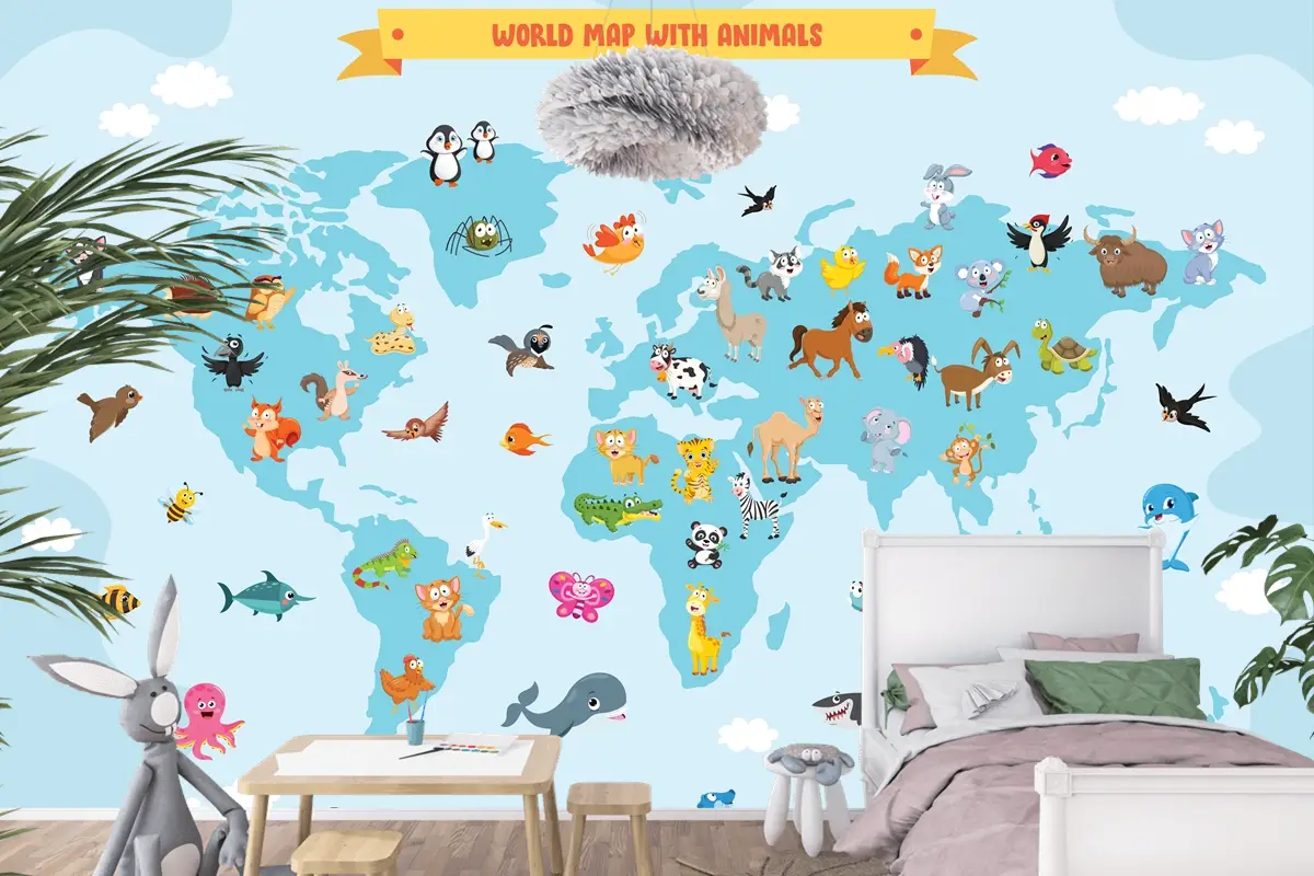 Karikatür Hayvanlı Dünya Haritası Çocuk Odası Duvar Kağıdı