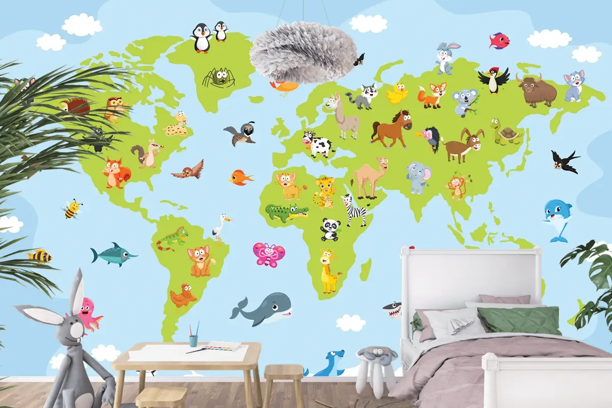 Karikatür Hayvanlı Dünya Haritası Çocuk Odası Duvar Kağıdı