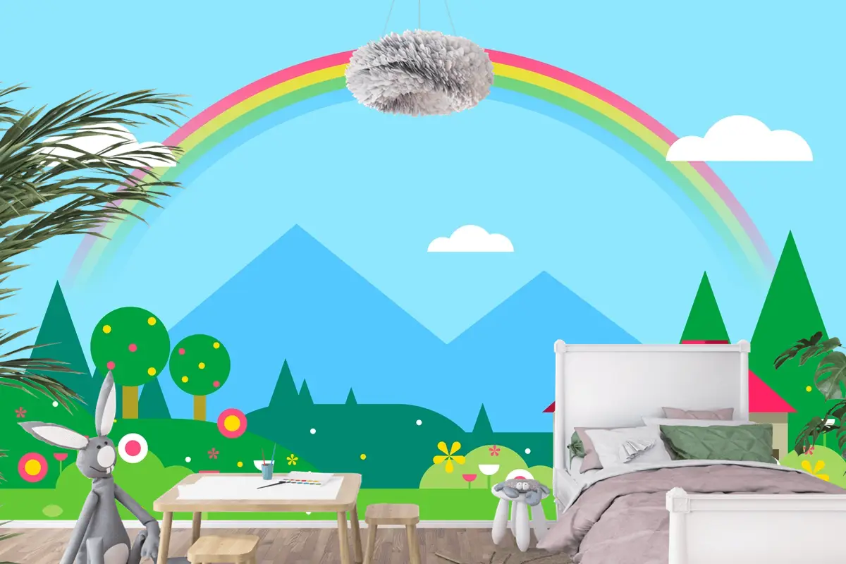 Ev Ve Gökkuşağı Çocuk Odası Duvar Kağıdı  Ile Bahar Manzarası