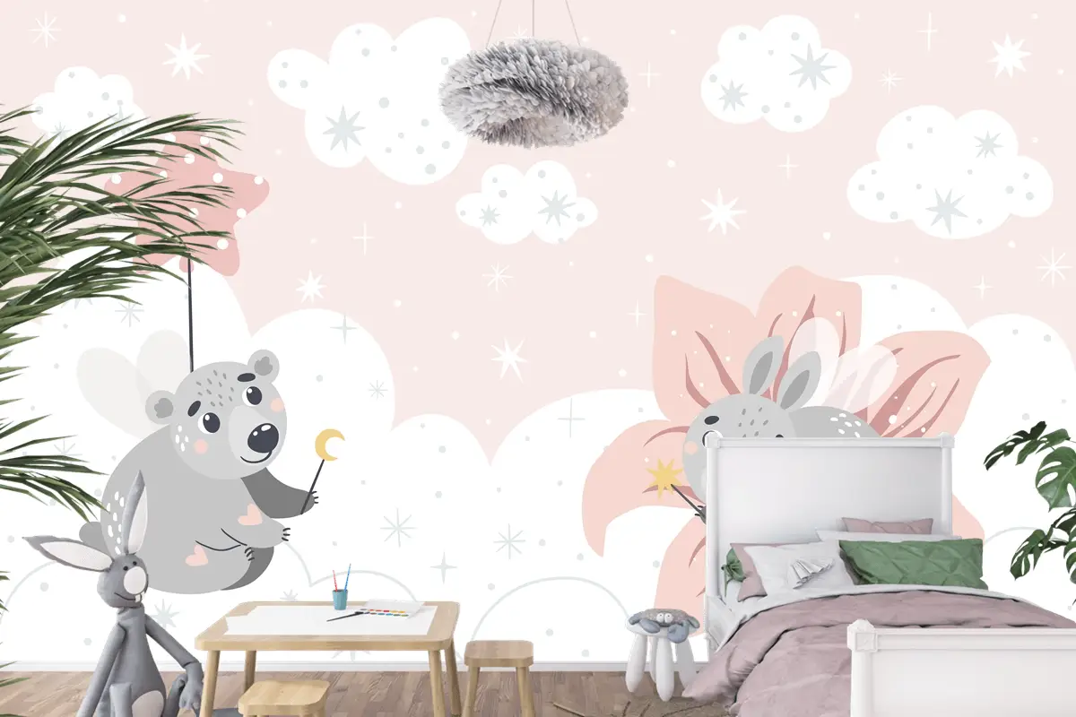 Bulutların Üzerinde Sevimli Masal Hayvanları Çocuk Odası Duvar Kağıdı Yazdırmaya Uygun