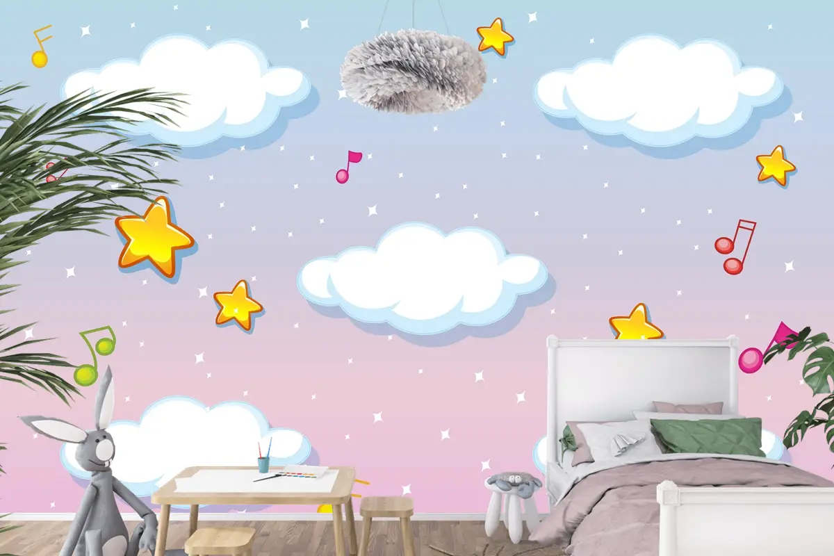 Melodi Temalı Çocuk Odası Duvar Kağıdı  Ile Pastel Gökyüzü Arka Planında Boş Bulutlar