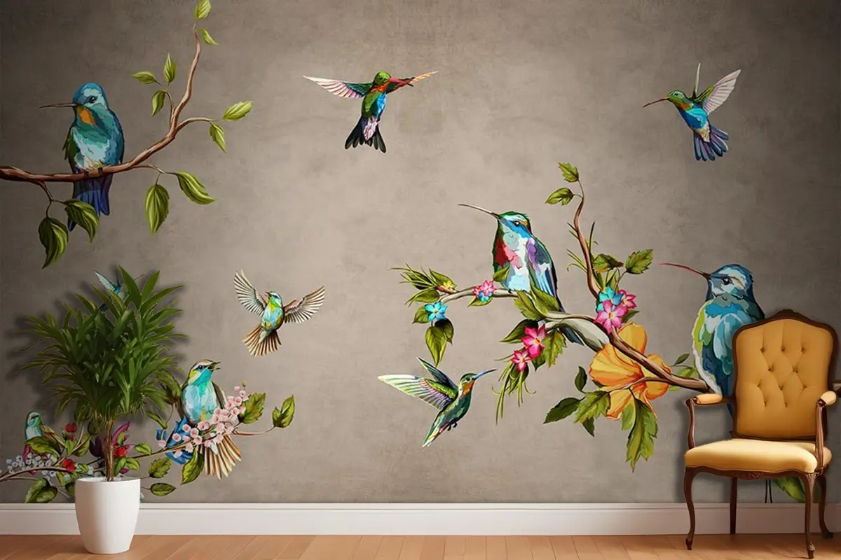 Tropikal Yapraklar Ve Renkli Kuşlar Duvar Kağıdı