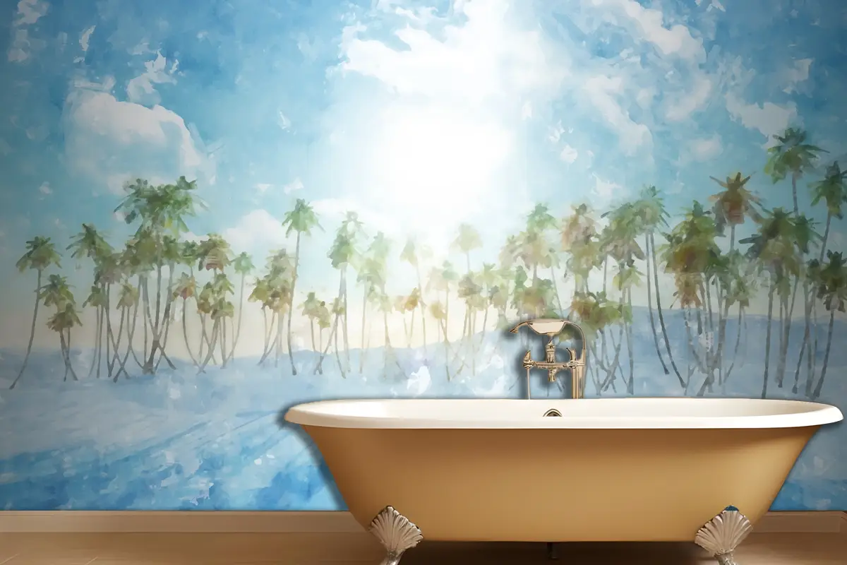 Suluboya Yaz Tropikal Arka Plan Banyo Duvar Kağıdı 