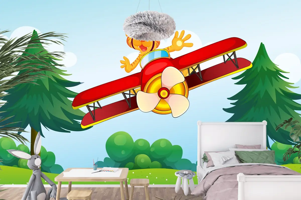 Uçağa Binen Övünen Kaplan Çocuk Odası Duvar Kağıdı