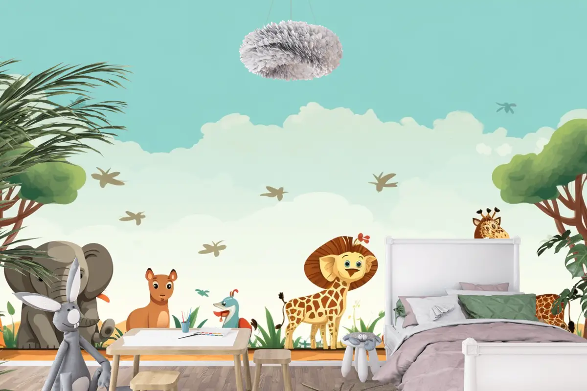 Hayvanların Bulunduğu Bir Tarlada Zürafalar Ve Zürafaların Karikatürü Çocuk Odası Duvar Kağıdı