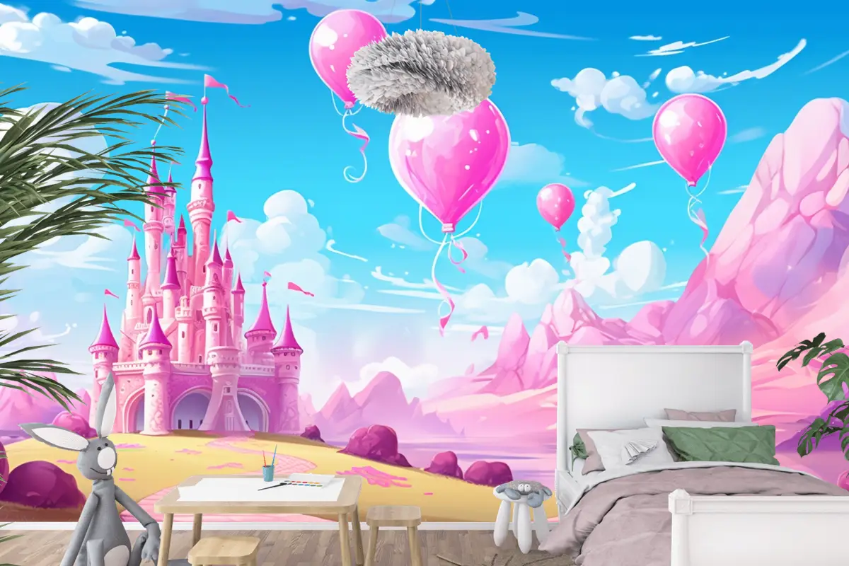 Balonlu Kale Ve Arka Planda Kale Çocuk Odası Duvar Kağıdı