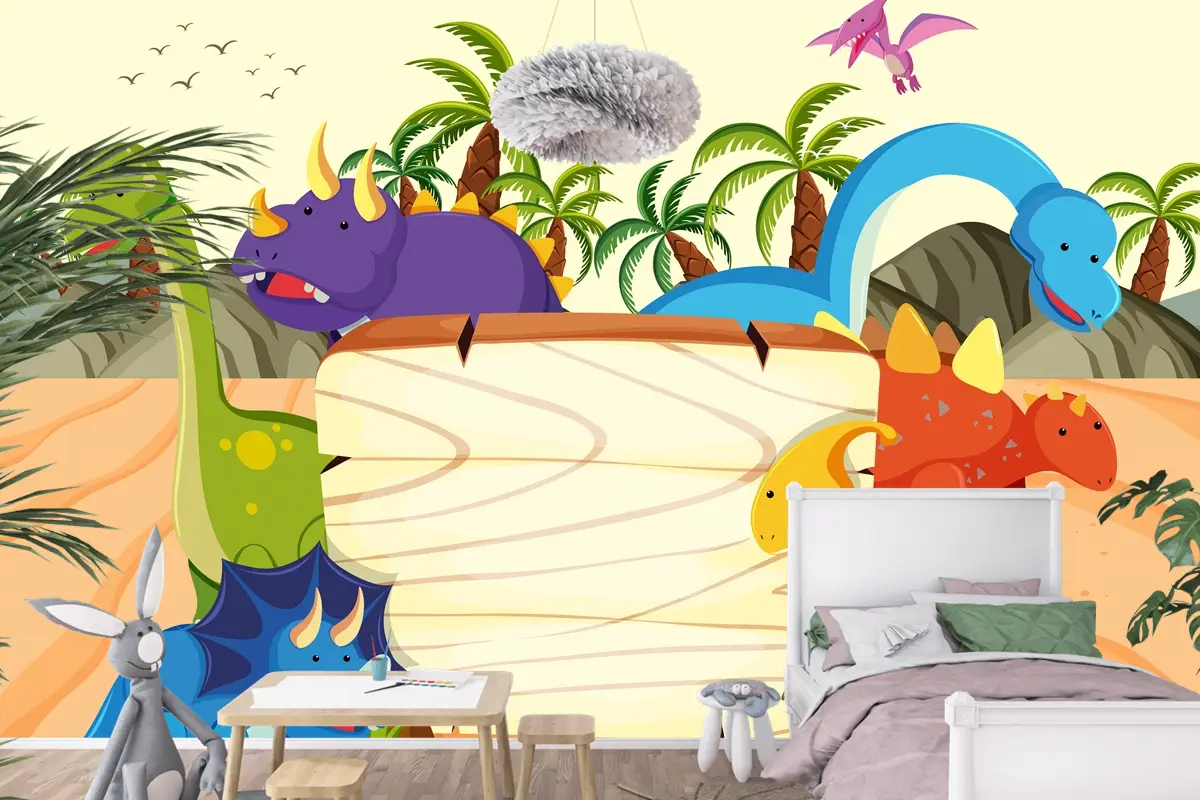 Bir Dinozor Ahşap Tahta Şablonu Çocuk Odası Duvar Kağıdı 
