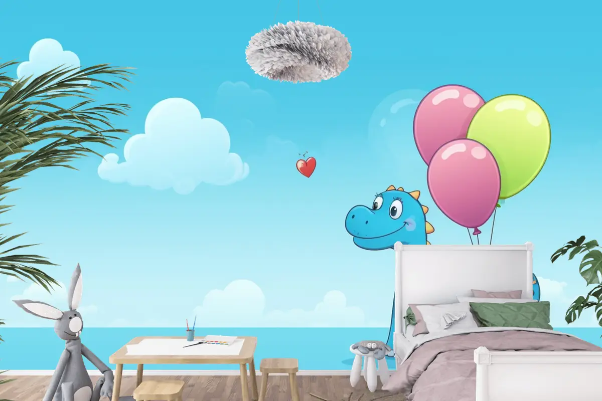 Gökyüzünde Balonları Olan Bir Ejderha Ve Çocuk Odası Duvar Kağıdı Nde Bir Kalp