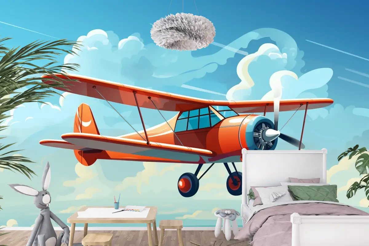 Önünde Pervaneden Alıntı Sözlerinin Bulunduğu Kırmızı Bir Uçağın Çizimi Çocuk Odası Duvar Kağıdı