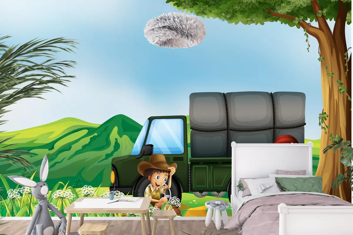Yeşil Kamyonun Yanında Bir Kız Ve Bir Erkek Çocuk Odası Duvar Kağıdı