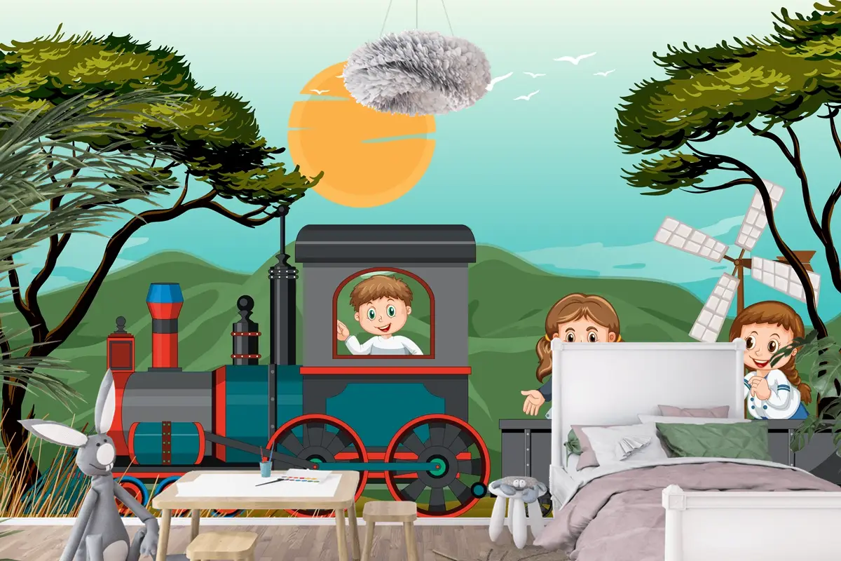 Doğal Sahneli Trende Bir Çocuk Bebek Odası Duvar Kağıdı