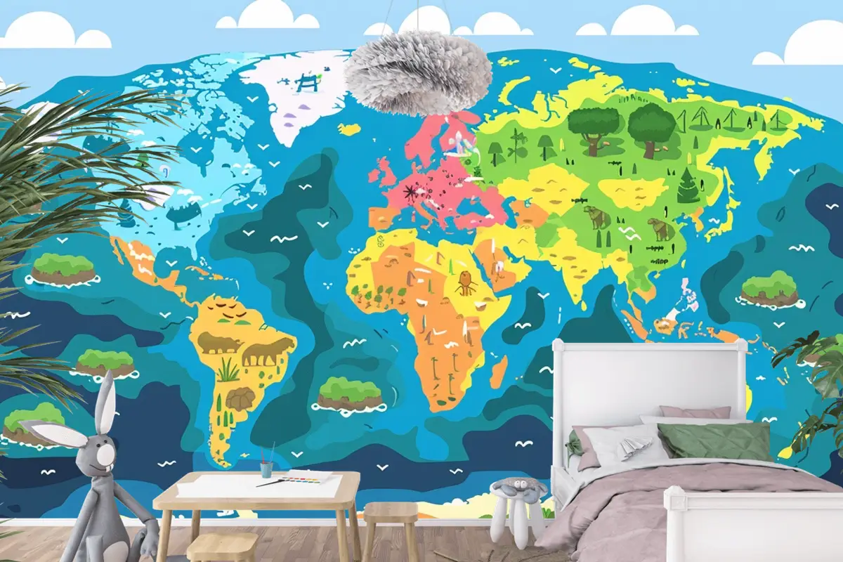 Üzerinde "Dünyadan Alıntı" Sözlerinin Bulunduğu Dünya Haritası Çocuk Odası Duvar Kağıdı