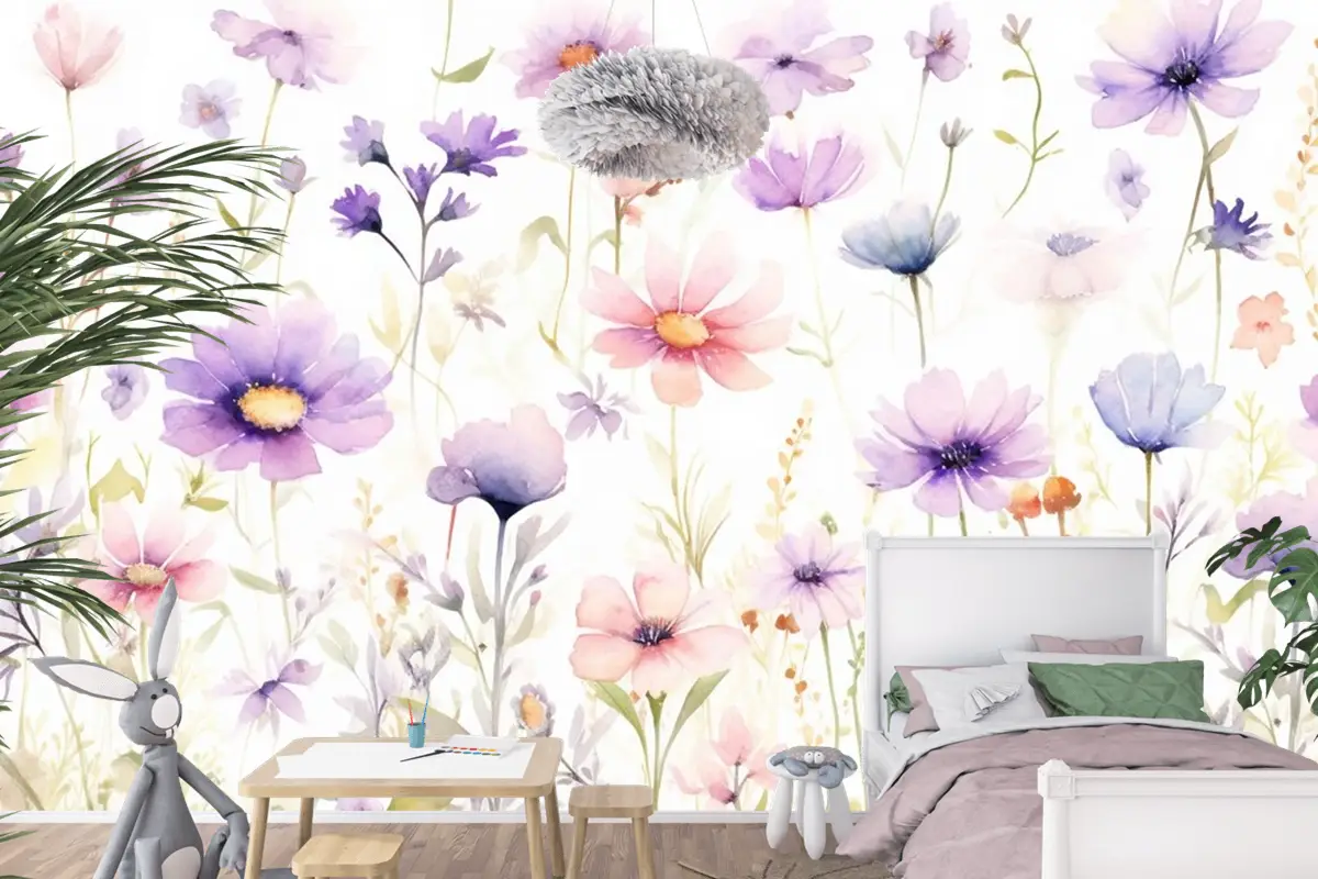 Beyaz Zemin Üzerine Bir Demet Çiçek Tablosu Çocuk Odası Duvar Kağıdı