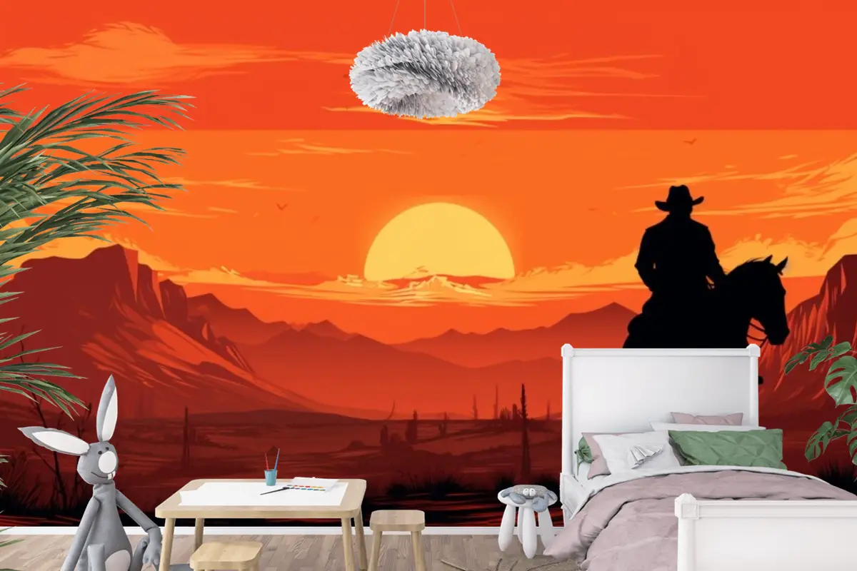 Gün Batımı Önünde Ata Binen Bir Kovboy Tablosu Çocuk Odası Duvar Kağıdı
