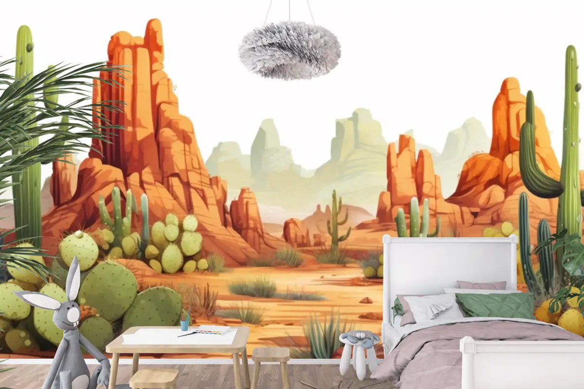 Kaktüs Ve Çöl Manzarası Çocuk Odası Duvar Kağıdı  Ile Bir Çöl Manzarası Tablosu