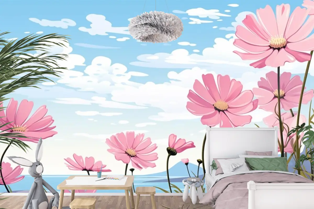 Papatyalar Çocuk Odası Duvar Kağıdı Ile Gökyüzünde Pembe Çiçeklerden Oluşan Bir Tablo