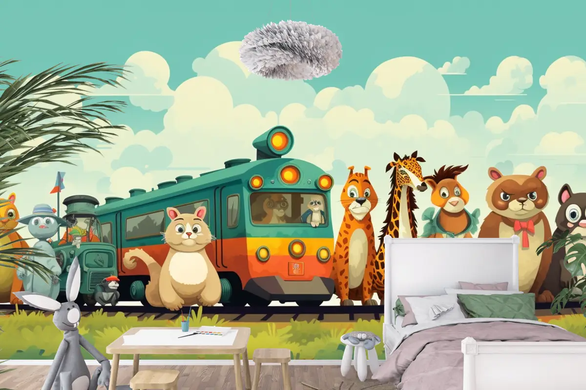 Üstünde Hayvanların Olduğu Bir Tren Ve Önünde Zürafalar Yazan Bir Tren Çocuk Odası Duvar Kağıdı