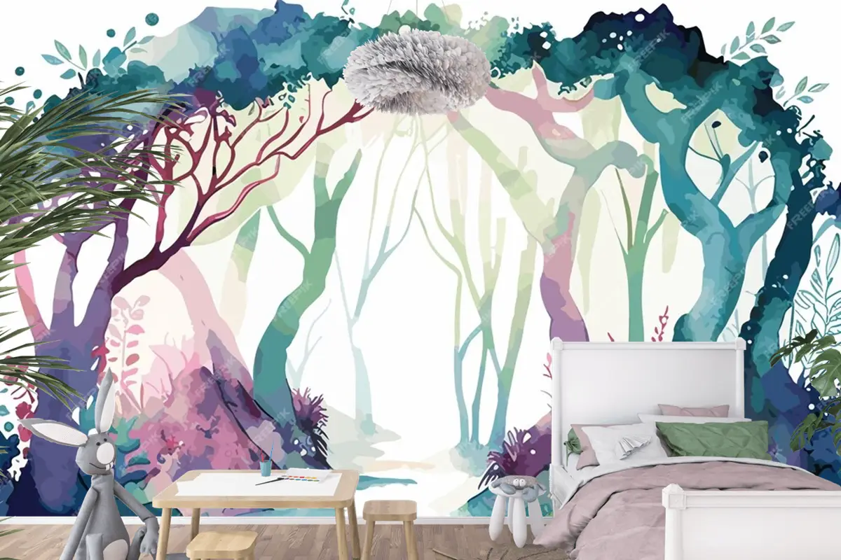 Çocuk Odası Duvar Kağıdına Giden Yolu Olan Bir Ormanın Suluboya Tablosu