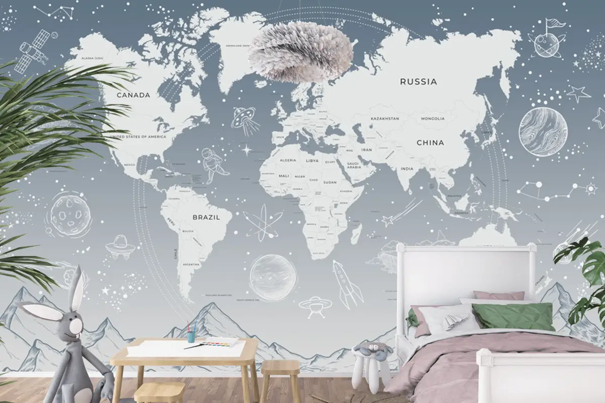 Açık Mavi Güneş Sistemi Galaksi Uzay Çocuk Odası Dünya Haritası Duvar Kağıdı