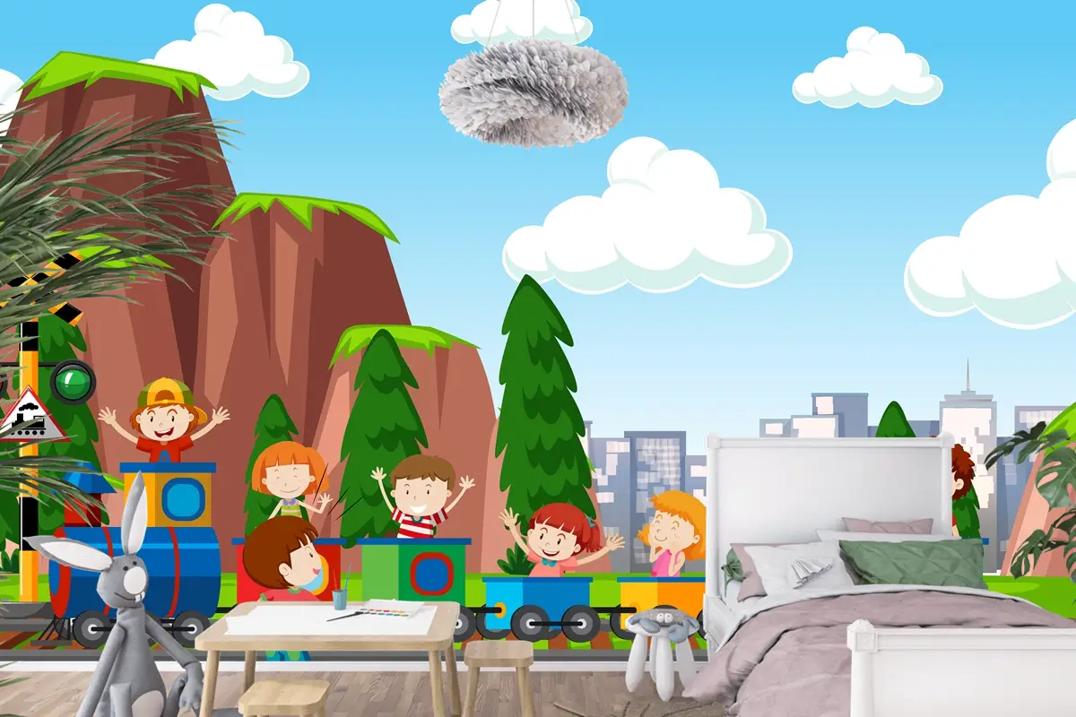 Çocuk Odası Duvar Kağıdı Dışında Spor Ve Eğlence Aktiviteleri Oynayan Aktif Erkek Ve Kız Çocukları