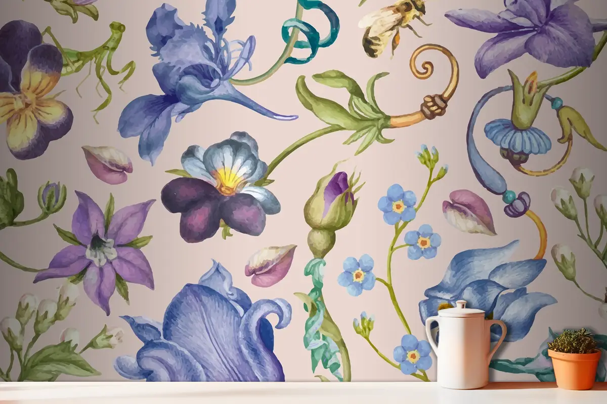 Pembe Arka Planda Estetik Mor Çiçek Desenli Mutfak Duvar Kağıdı