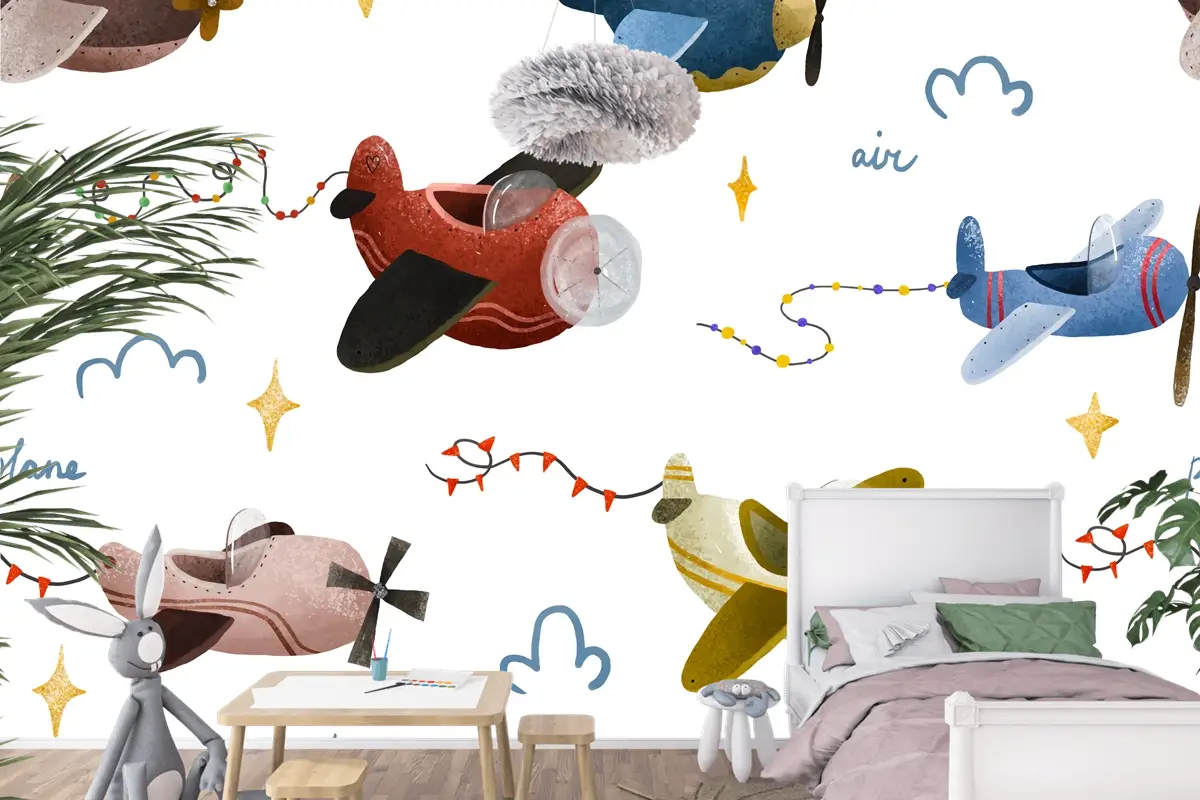 İskandinav Tarzı Çocuk Odası Duvar Kağıdı Duvarında Uçak Ve Bulutlar