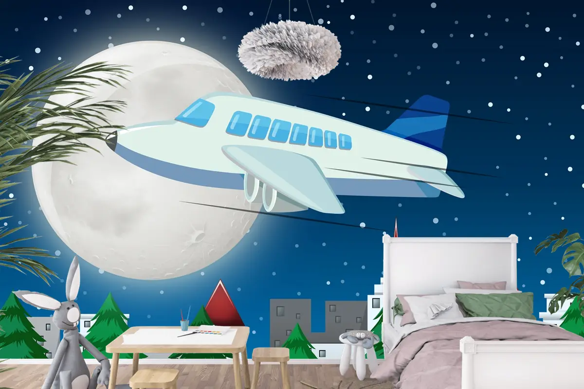Gece Gökyüzünde Uçan Uçak Çocuk Odası Duvar Kağıdı