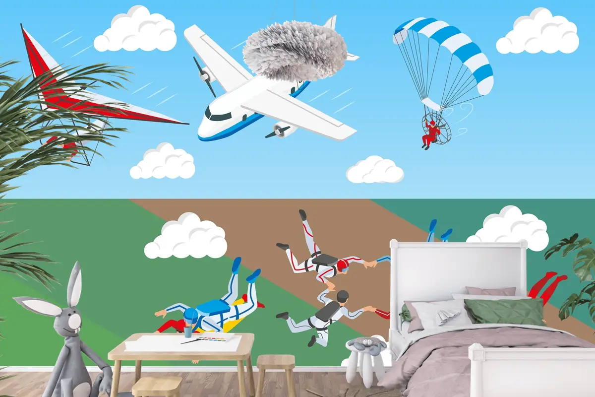 Uçak Yelken Havacılık Gökyüzünde Paraşütle Atlayan Bir Grup İnsan Çocuk Odası Duvar Kağıdı