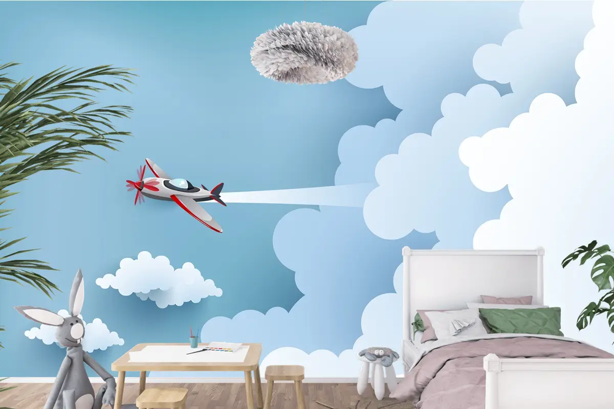 Bulut Üzerinde Uçak Çocuk Odası Duvar Kağıdı 