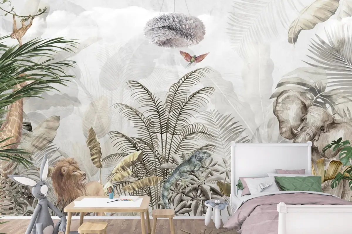 Altın Tropikal Safari Hayvanları Çocuk Odası Duvar Kağıdı