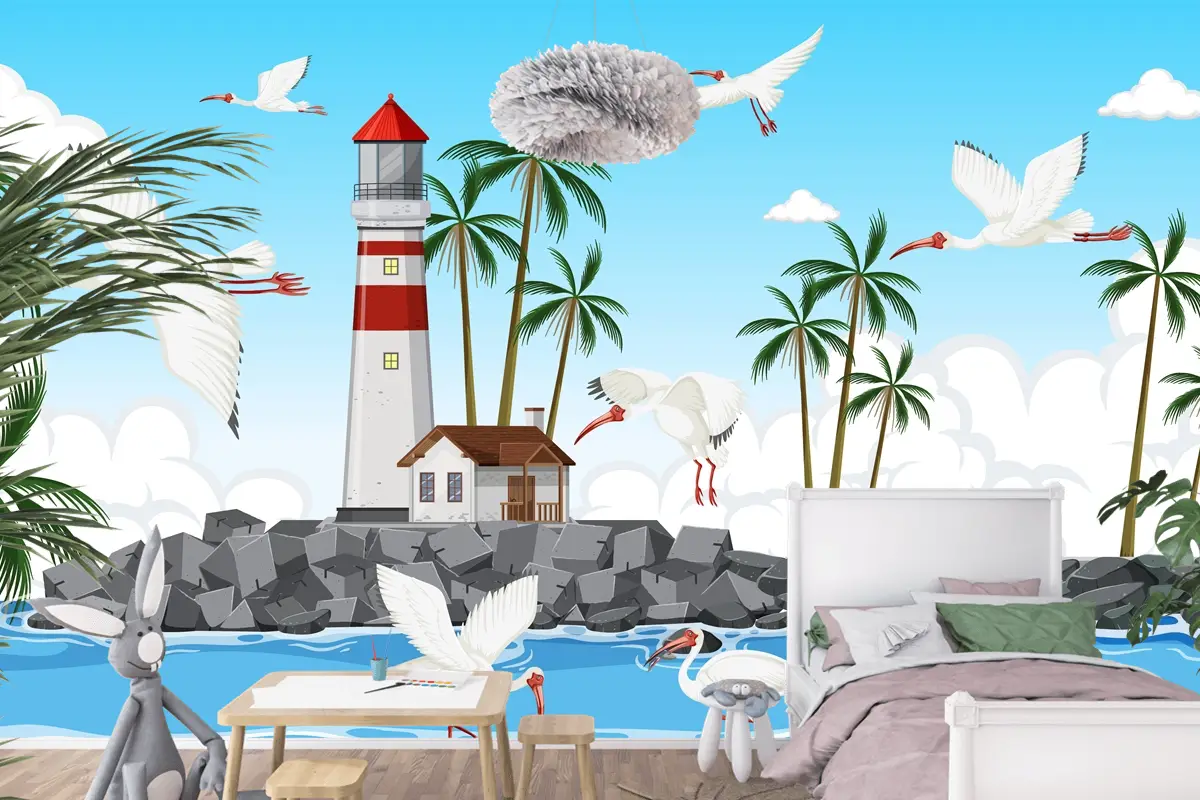 Sahilde Amerikan Beyaz Aynak Grubu Çocuk Odası Duvar Kağıdı