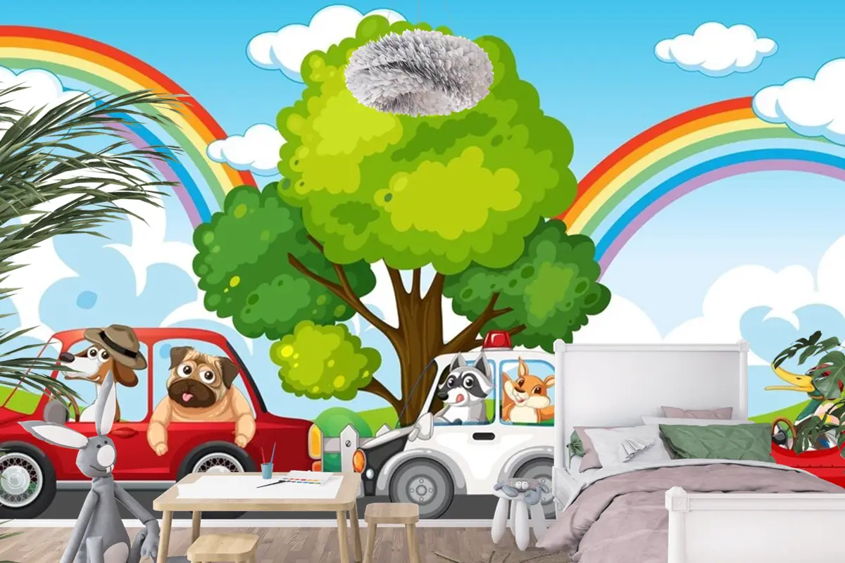 Farklı Arabaları Süren Hayvanlar Çocuk Odası Duvar Kağıdı