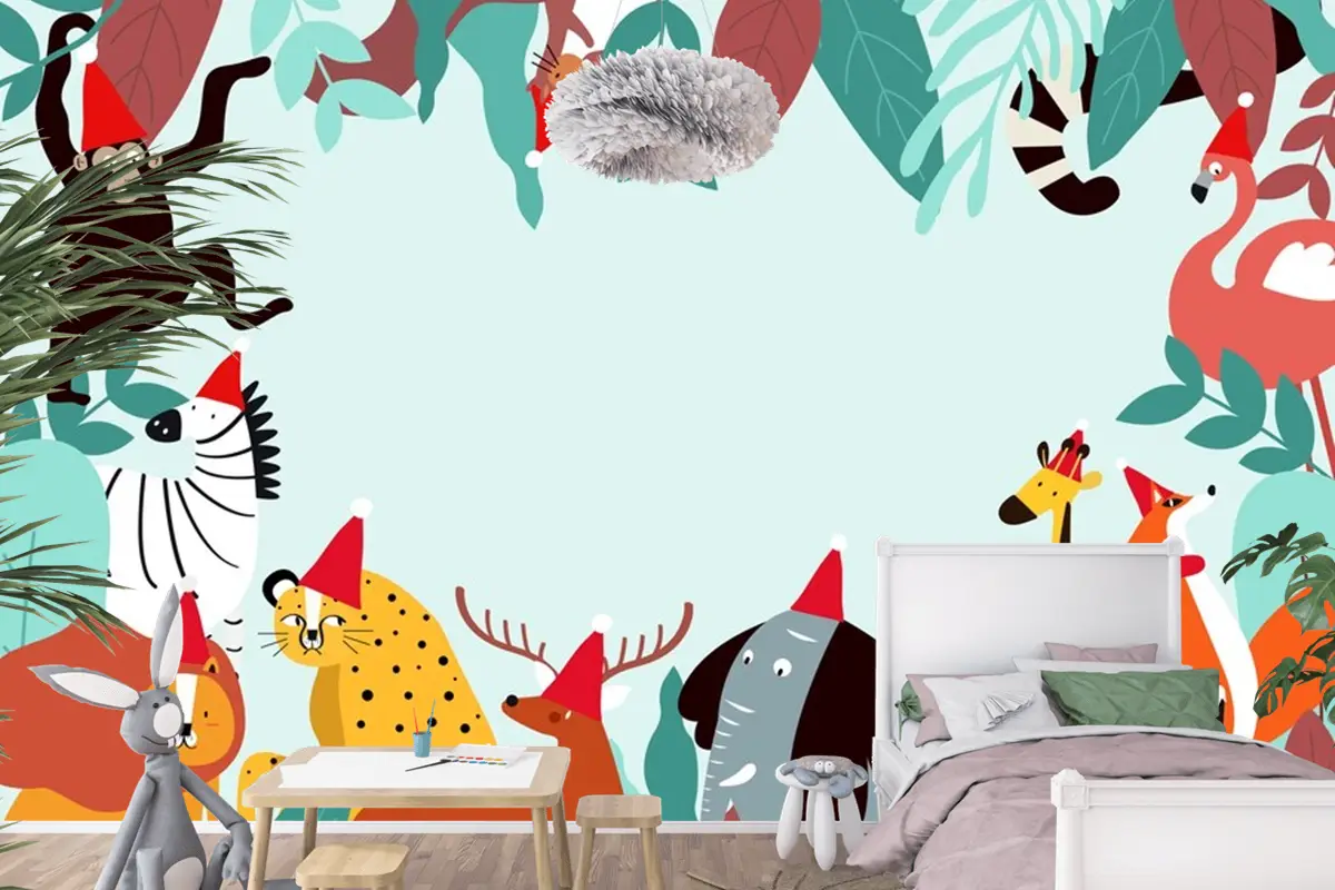 Hayvanlar Tema Şablonu Çocuk Odası Duvar Kağıdı 