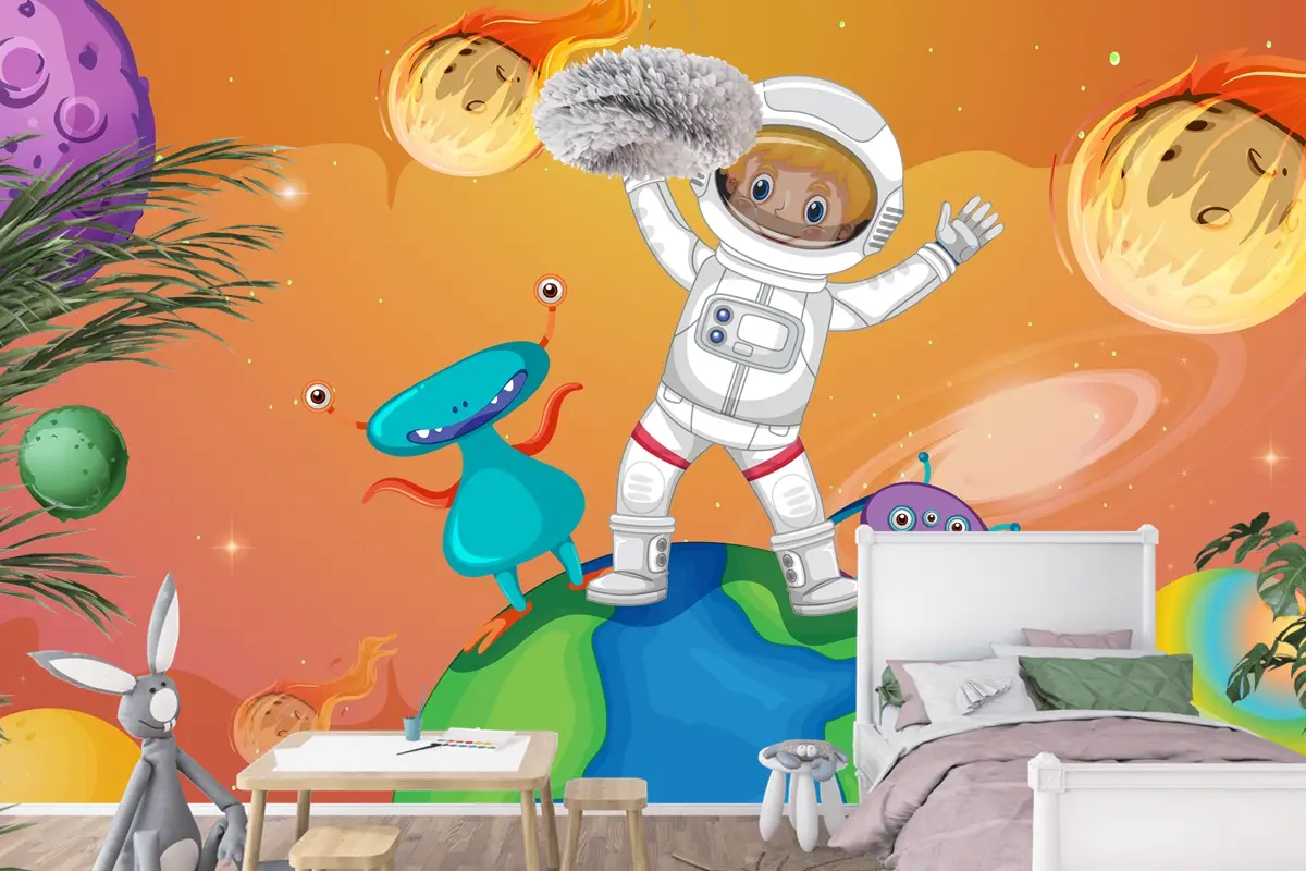 Uzay Sahnesinde Dünya Üzerinde Duran Uzaylılarla Astronot Çocuk Odası Duvar Kağıdı