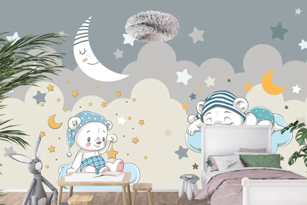 Ay Ve Yıldızlar Tüylü Bulutlar Teddy Ayılar Bebek Çocuk Odası Duvar Kağıdı