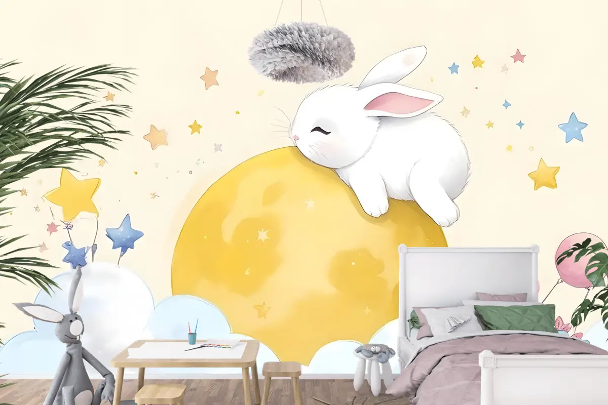 Bebek Karikatür Tavşan Ve Sarı Ay Çocuk Odası Duvar Kağıdı