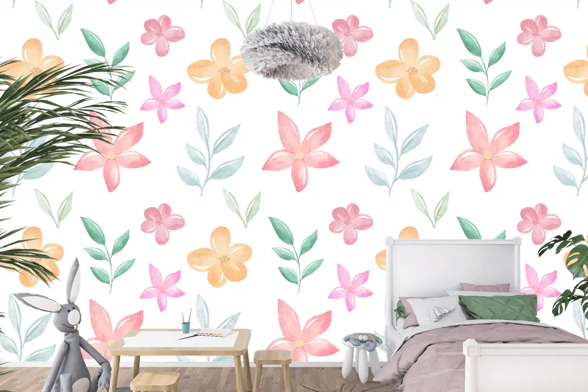 Yumuşak Renklerle Arka Plan Çiçek Suluboya Çocuk Odası Duvar Kağıdı