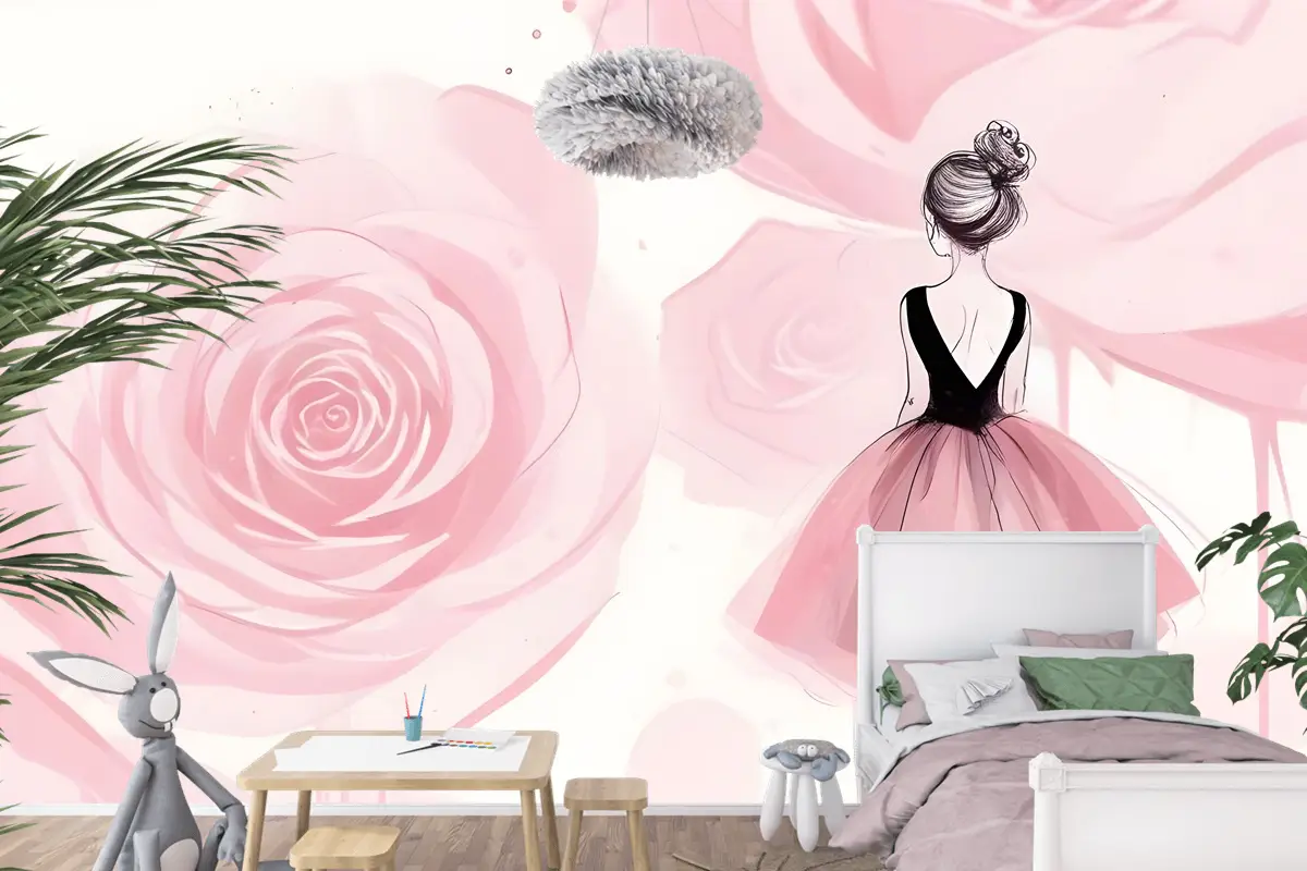 Balerin Kız Ve Pembe Güller Çocuk Odası Duvar Kağıdı