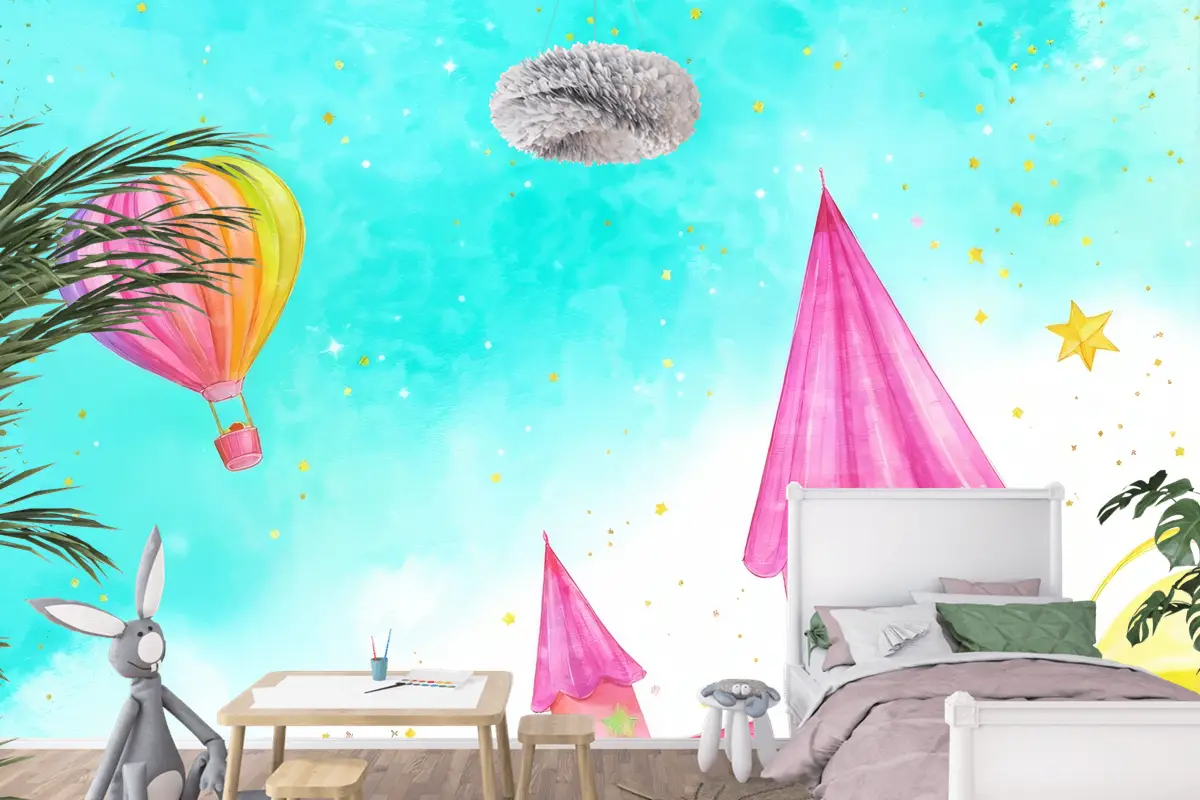 Uçan Bir Peri Masalı Suluboya Çocuk Odası Duvar Kağıdı Ile Balon