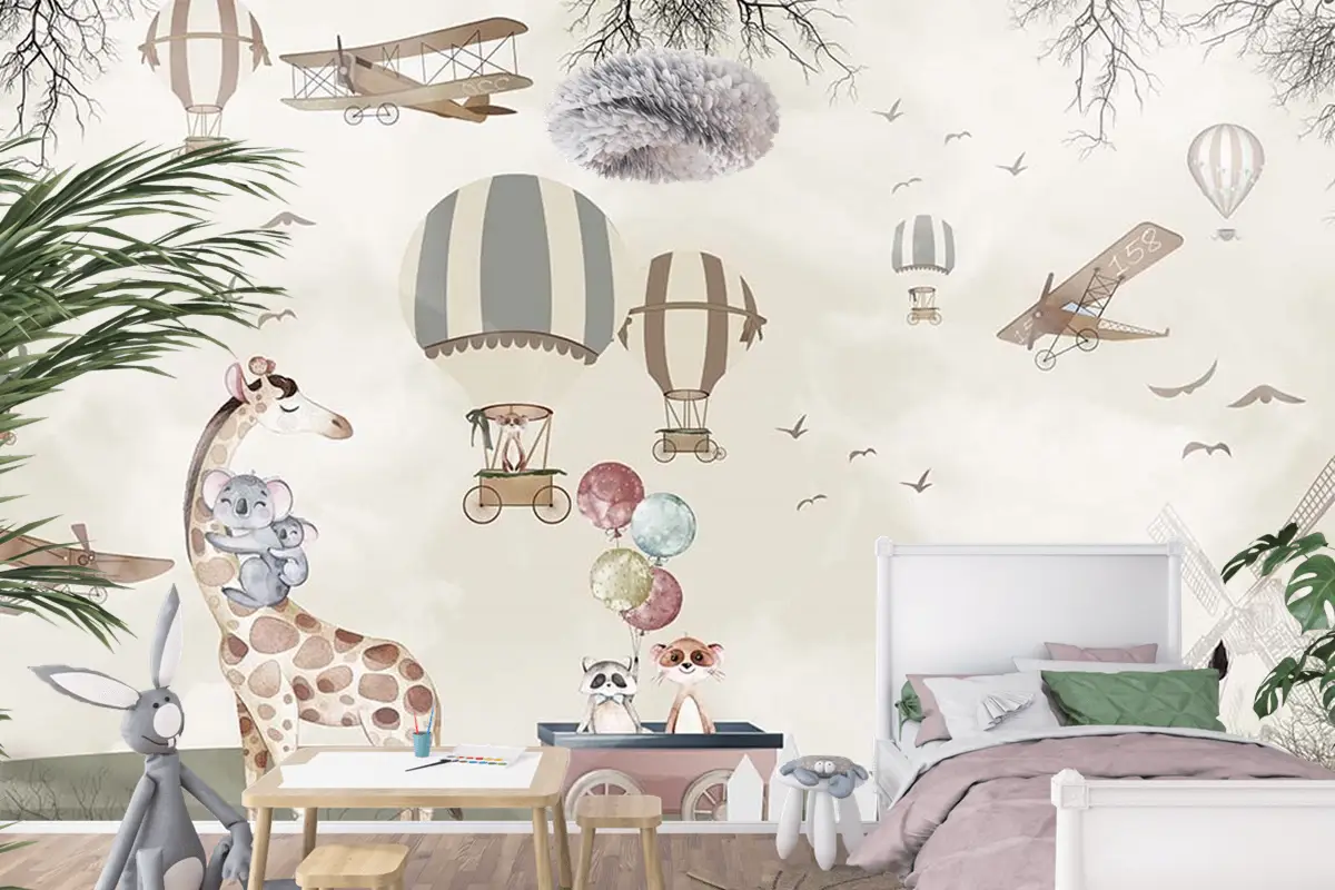 Balonlar Uçaklar Sevimli Hayvanlar Çocuk Kağıdı