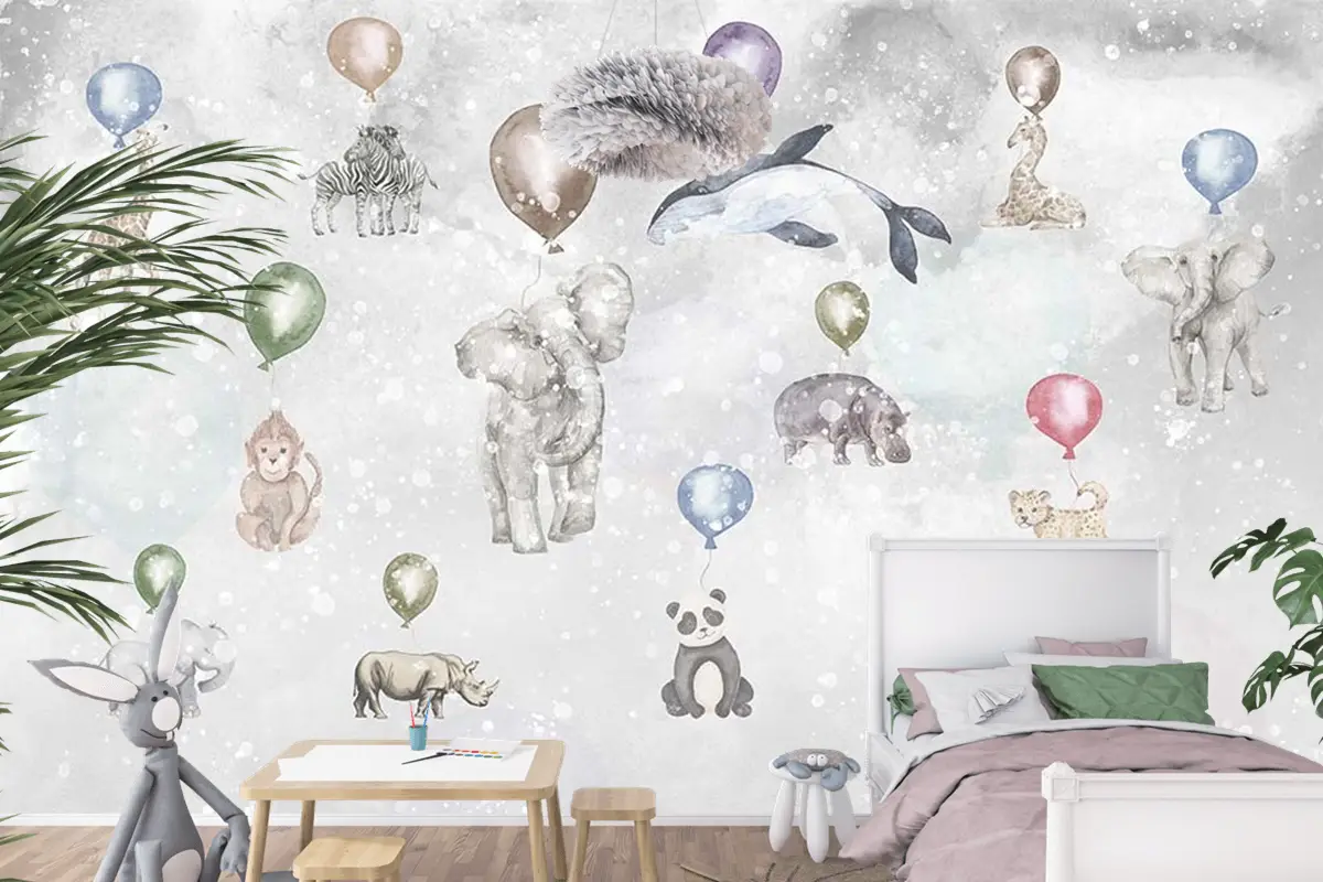 Balonlar Ve Sevimli Hayvanlar Çocuk Odası Duvar Kağıdı