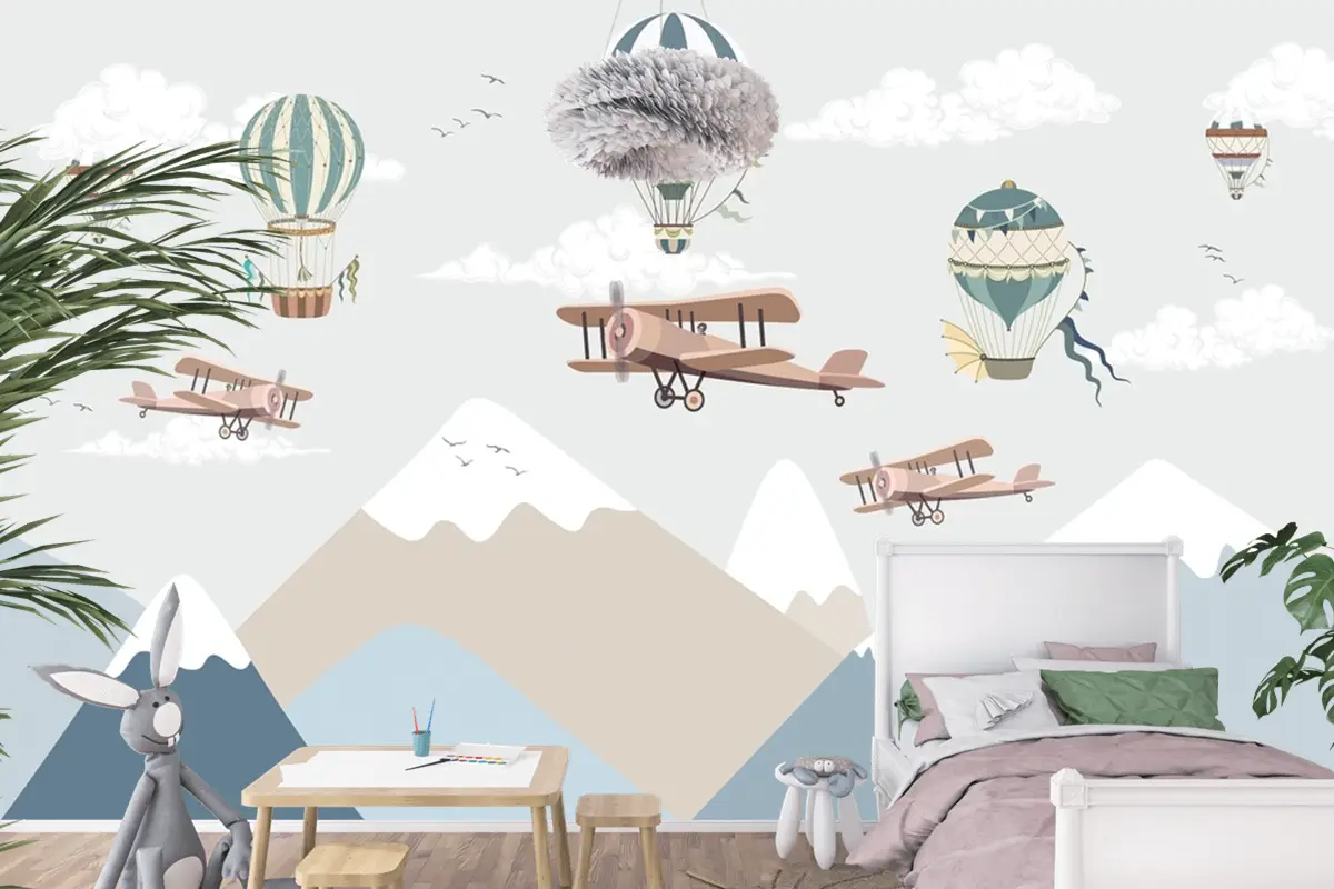 Balonlar Ve Uçaklar Ile Dağlar Çocuk Odası Duvar Kağıdı