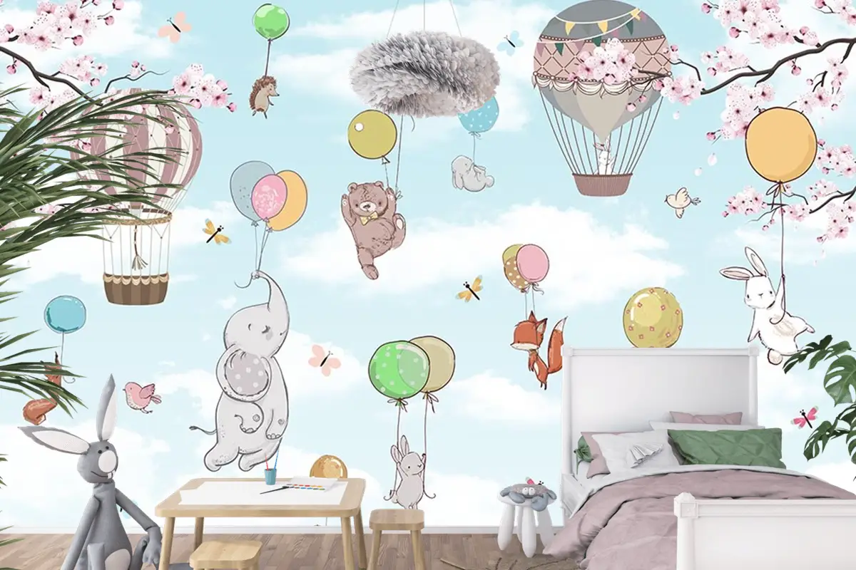 Balonlara Asılı Sevimli Hayvanlar Çocuk Odası Duvar Kağıdı