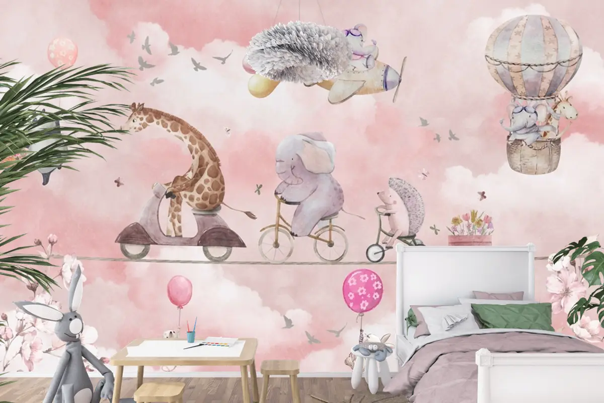 Balonlu Bisikletli Hayvanlar Suluboya Pembe Çocuk Odası Duvar Kağıdı
