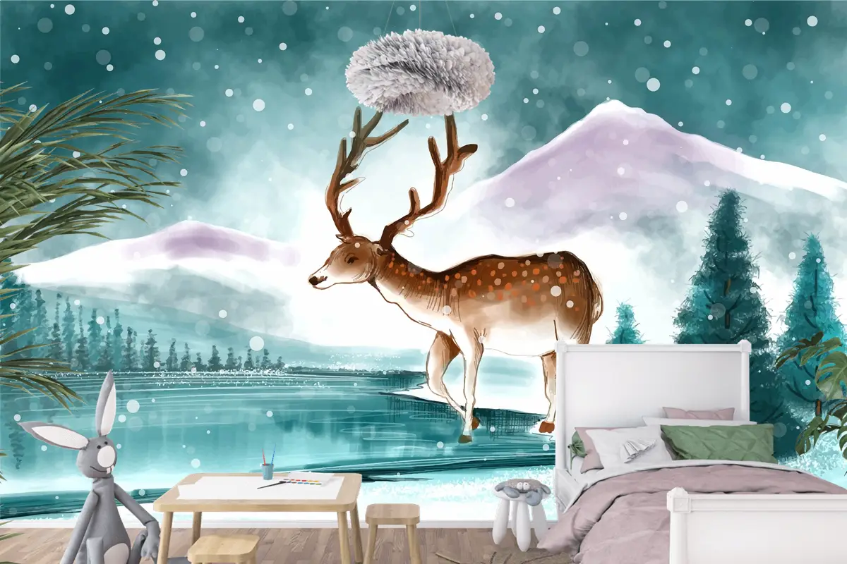 Kışın Güzel Noel Manzarası Noel Geyiği Kartı Çocuk Odası Duvar Kağıdıyla