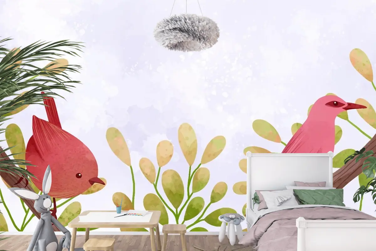 Dallarda Oturan Kuşların Güzel Suluboya Çocuk Odası Duvar Kağıdı
